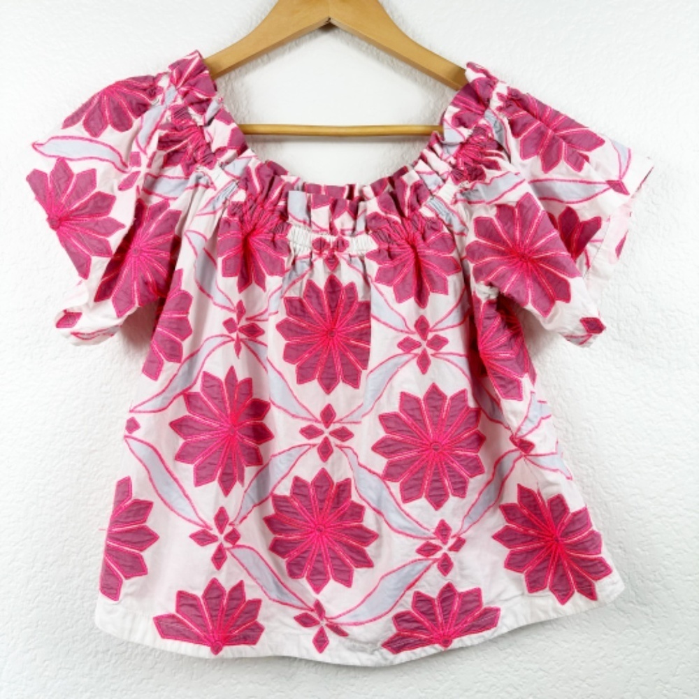 Anthropologie Maeve pink and‎ white embroidered off the shoulder top Size SP
